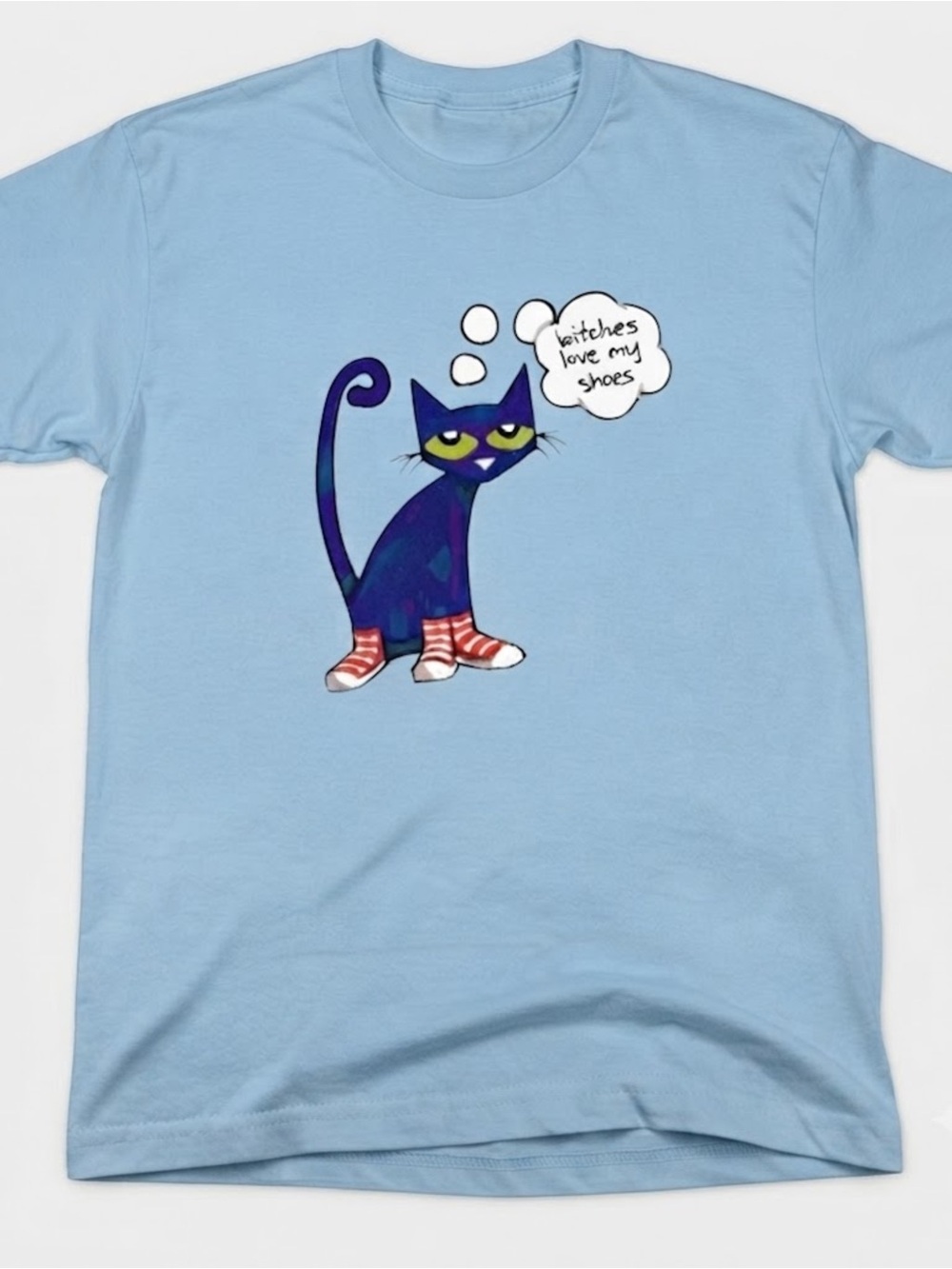 Light Blue Cat Graphic Gildan T-Shirt with Navy Cartoon Cat